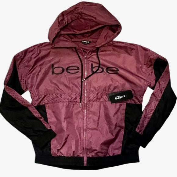 Bebe Sport Burgundy and Black Hooded Windbreaker Rain Jacket NWT M - Picture 1 of 10